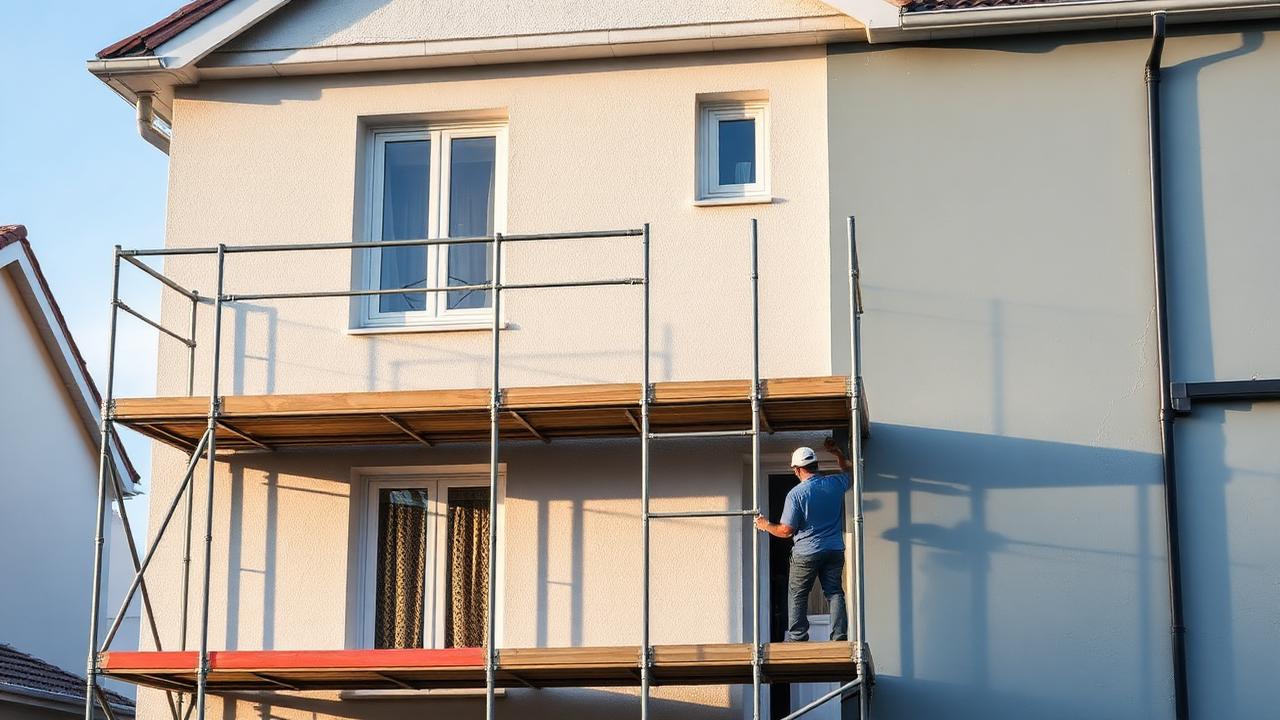 Ravalement de façade sur échafaudage en Île-de-France